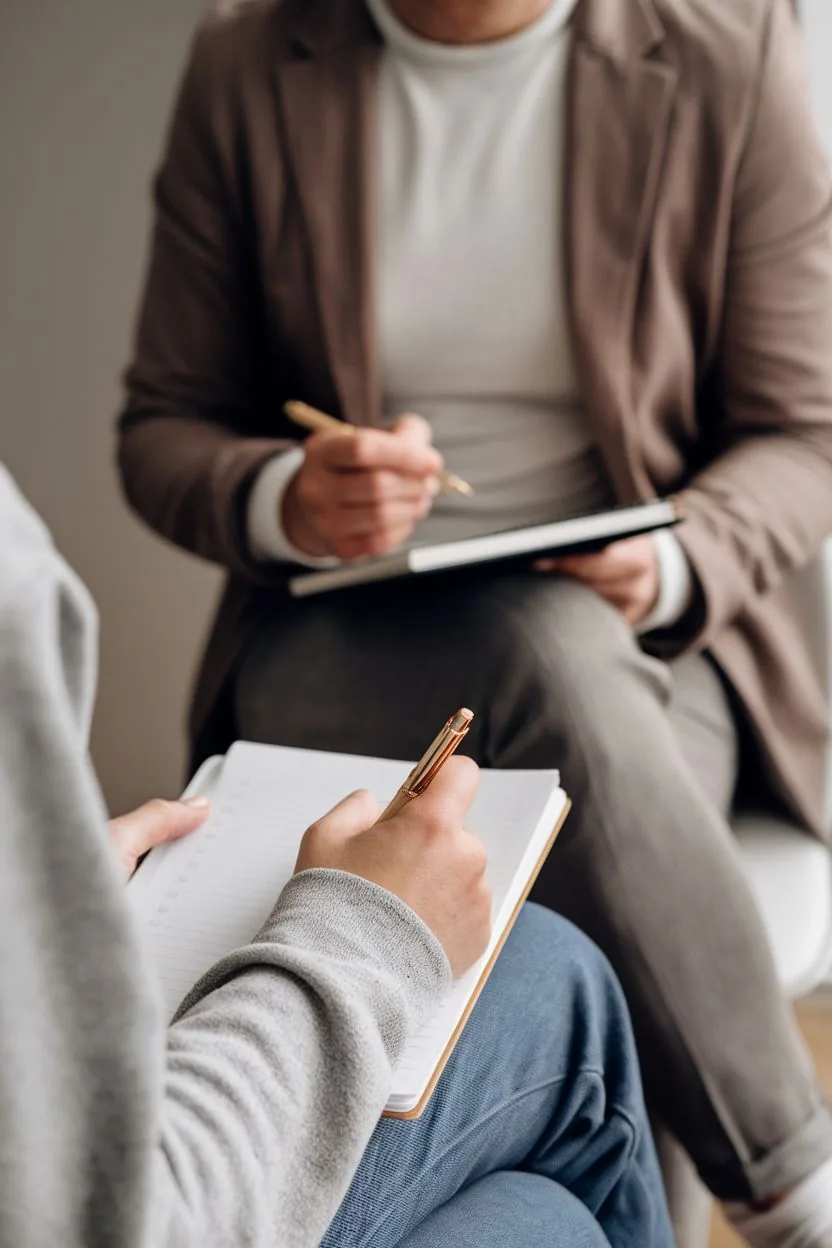 Sessão de psicoterapia: psicóloga e paciente fazendo anotações